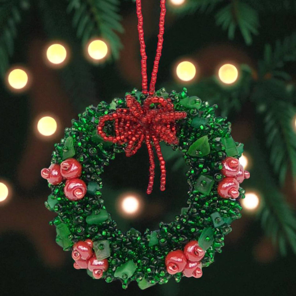 Ornament - Beaded Wreath with Red Berries