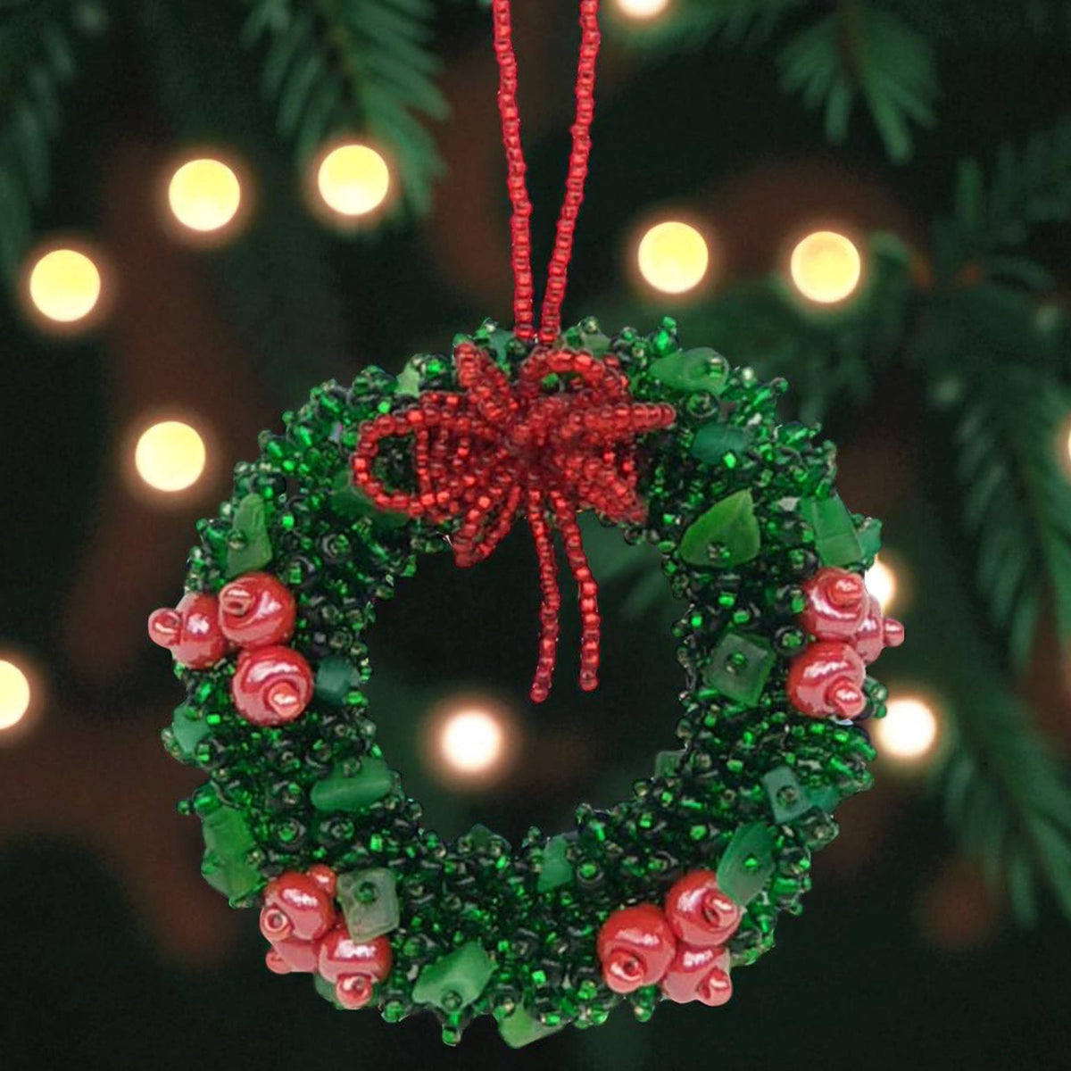 Ornament - Beaded Wreath with Red Berries