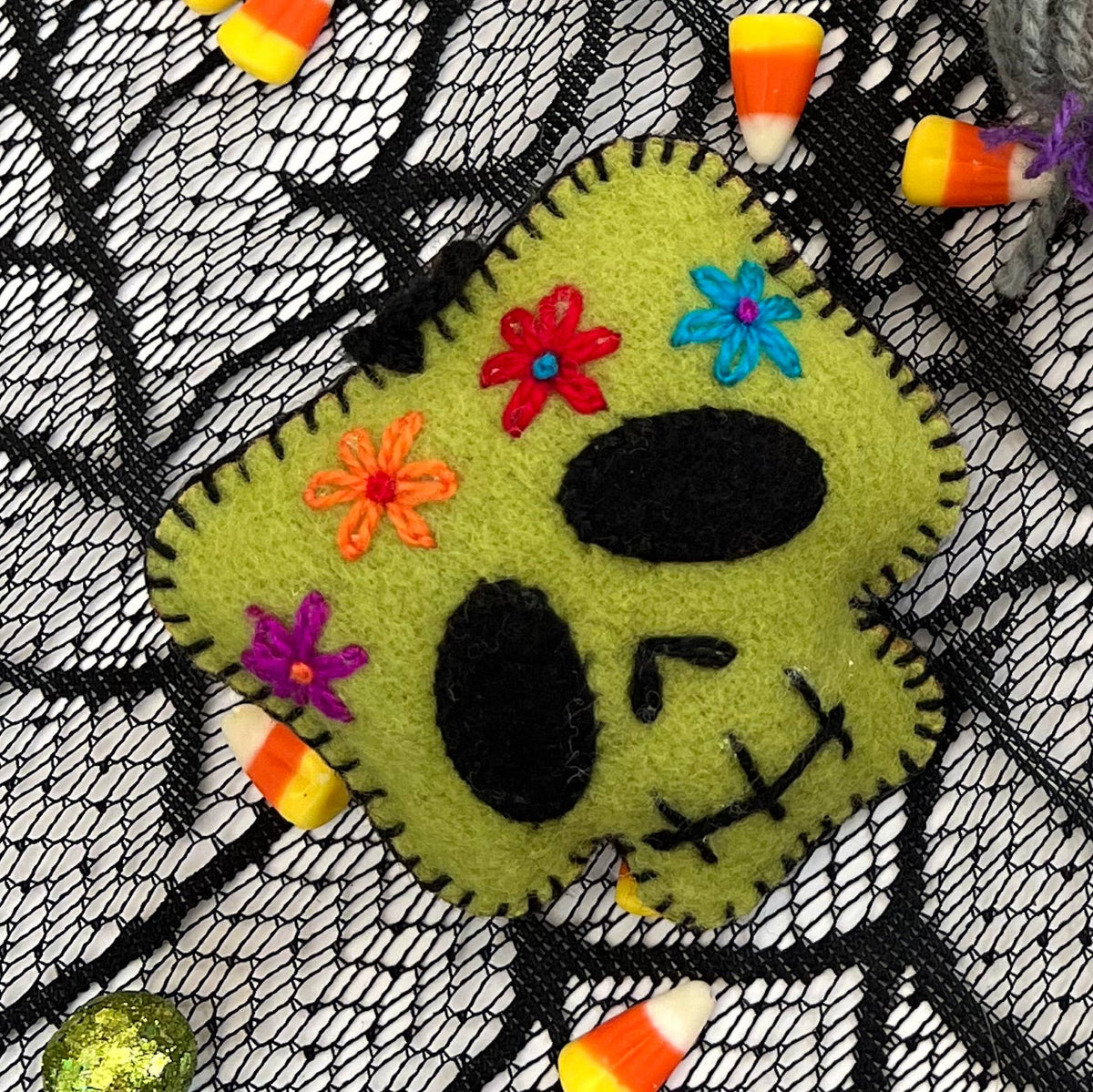 Ornament - Halloween Monster Face - Embroidered Wool