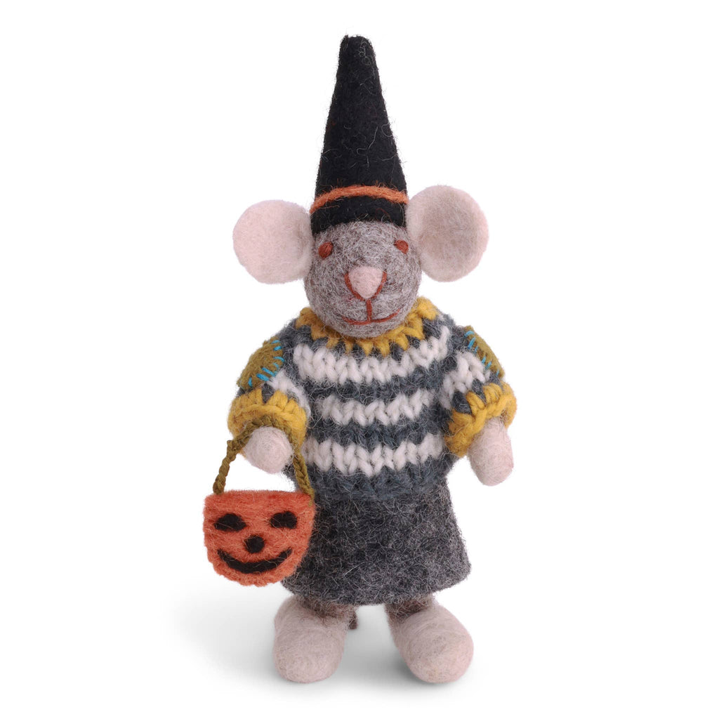 Ornament - Small Grey Girly Mouse w/Halloween Basket