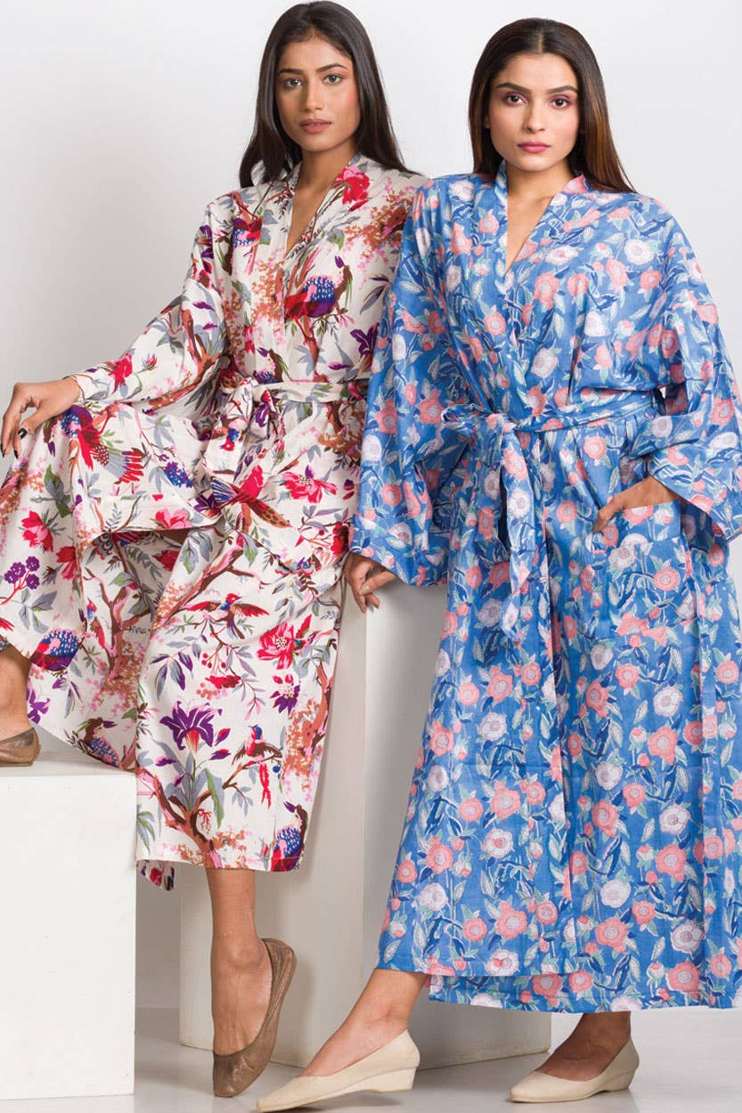 Rani Kimono Robes: Ivory Multi Birds