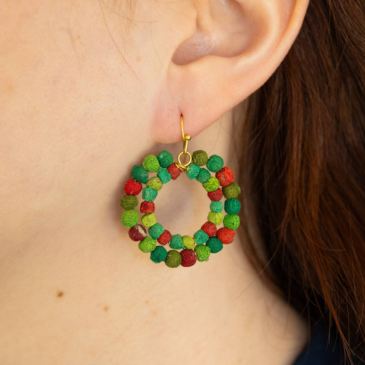 Earrings-Kantha Holiday Wreaths