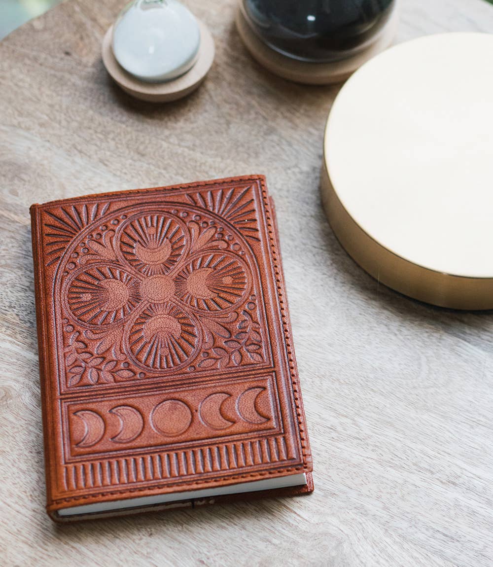 Journal Embossed with Brown Leather Moon Phases -  5x7 - Refillable