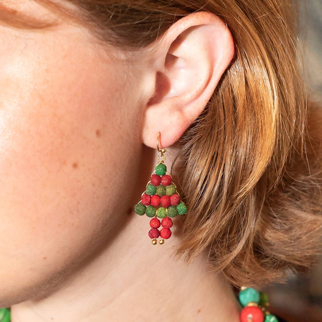 Earrings-Kantha Holiday Tree